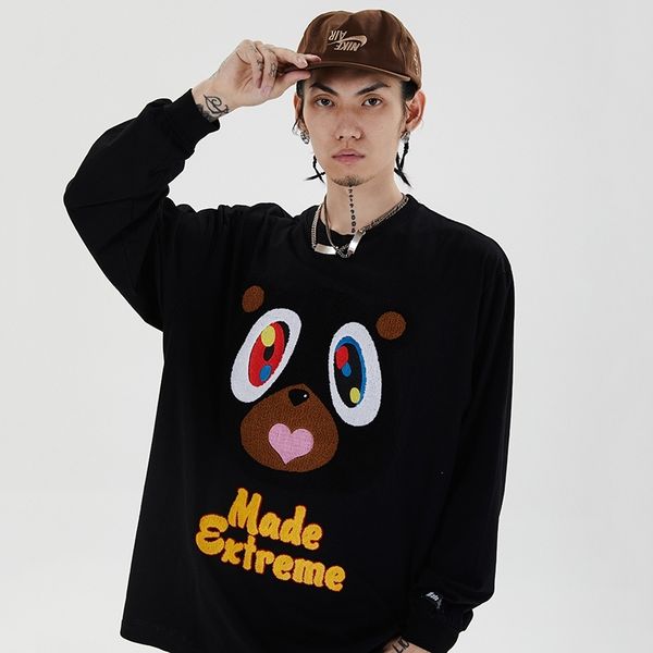 

men hip hop t shirt streetwear hairy heart bear harajuku tshirt loose hiphop oversized t-shirt cotton tees long sleeve 201203, White;black