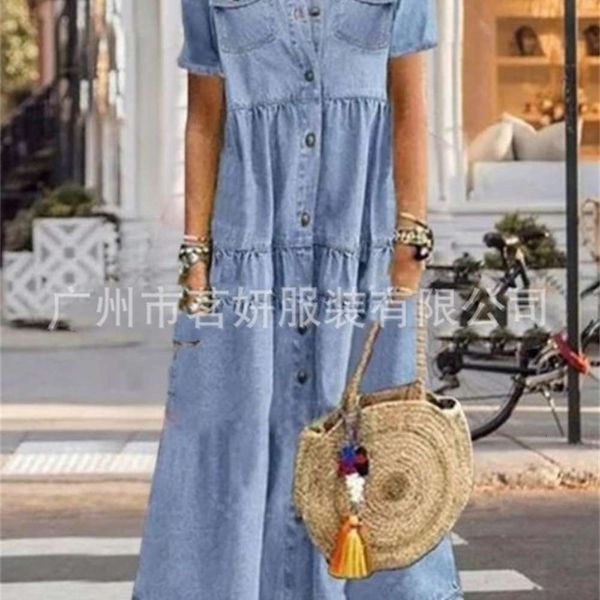 

sleeve 2020 new short solid color button multi pocket long skirt denim drs, Black;gray