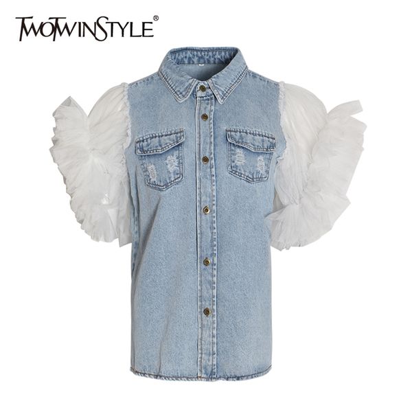 TWOTWINSTYLE Ruffles Denim Patchwork Giacca da donna Colletto con bavero Manica a sbuffo Cappotti lunghi estivi Donna LJ200813