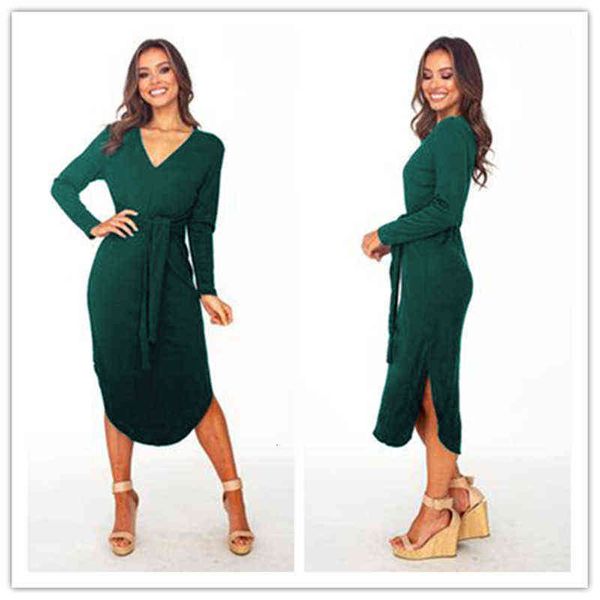 

casual dresses fall 2022 long sleeve lace up slim v-neck split solid dresses, Black;gray