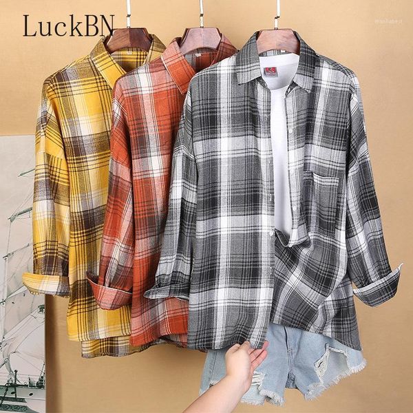 

fashion women plaid blouses long-sleeve casual loose shirts girl cotton shirts turn-down slim clothing blusas mujer de moda 20201, White