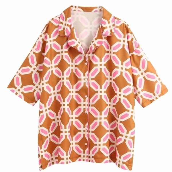 Vendita calda donna stampa geometrica camicetta kimono casual camicette donna chic business blusas homewear femininas chemise top LJ200812