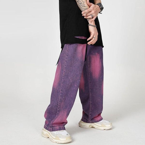 

hip hop tie dyed purple jeans men loose fit streetwear washed jeans pants men 2020 autumn straight trendy bagged1, Blue