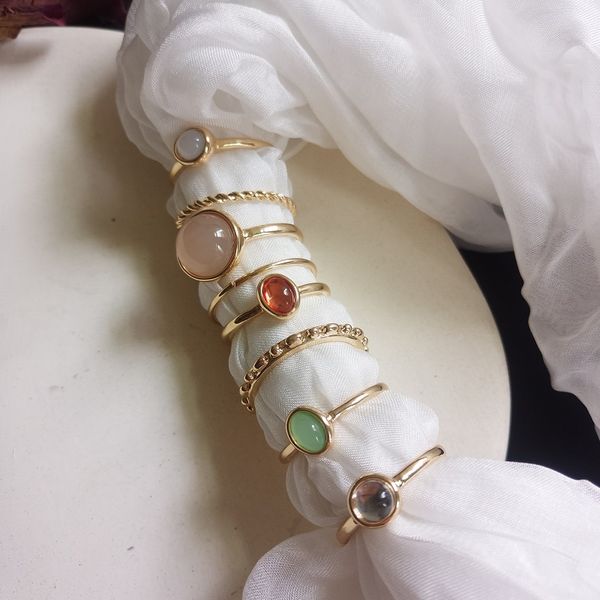 

8pcs/set vintage colorful stone rings set fashion metal twist finger rings band ring for women girl fairy friendship jewelry christmas gift, Silver