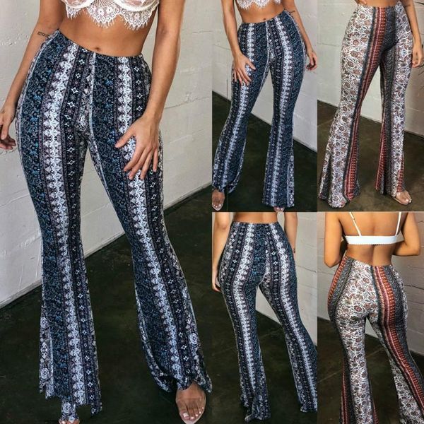 

women fashion boho print long pants flared wide legs summer bell bottom flare trousers s-xl drop shipping, Black;white