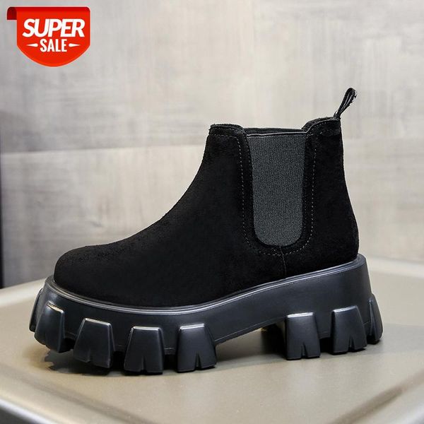 

2020 slip-on black women ankle boots elastic opening female short round toe platform motorcycle botas altas mujer platform boots #ac9o