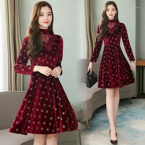 

2020 vintage gold velvet mini dresses autumn winter plus size long sleeve lace dress elegant women bodycon party vestidos1, Black;gray