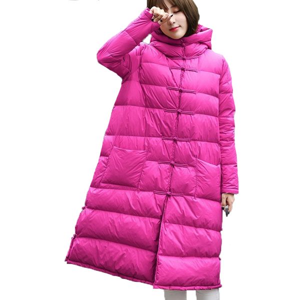 

winter coat women clothes white duck down jacket long light vintage chinese national style plus size loose snow outerwear a800, Black