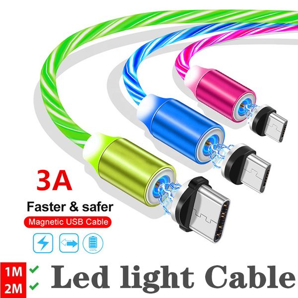 3,3 pés/6 pés 3A LED Glow Flowing Magnetic Charge Cables Micro type c cable Samsung Android Luminous Magnet Charging Wire with OPP bag