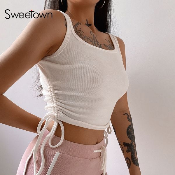 

sweetown solid casual women tank gym clothing sleeveless skinny ruched lace up bralette crop summer streetwear blue t200605, White