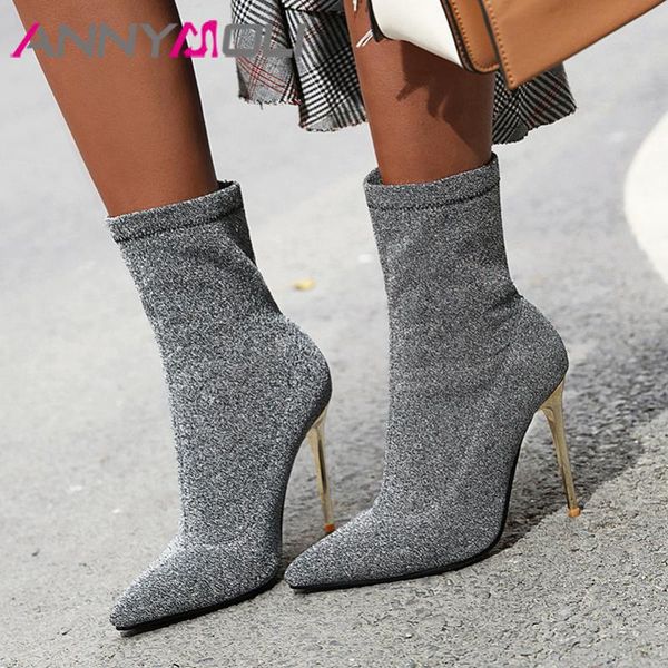 

annymoli autumn ankle boots women boots leopard thin high heel short bling pointed toe shoes lady winter large size 34-46, Black