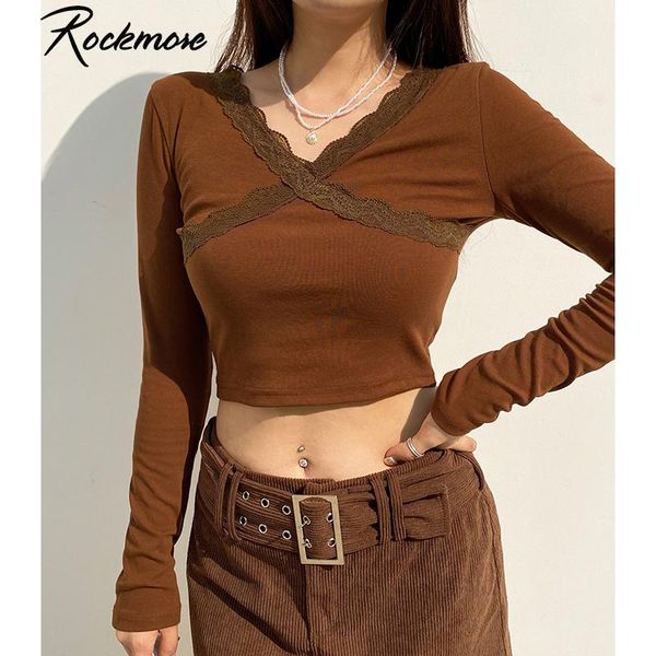 

rockmore lace ribbed knit t-shirt bodycon cropped woman long sleeve solid clothing 2020 harajuku y2k streetwear tee shirt, White