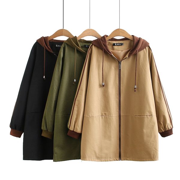 

spring trench coat for women korean loose plus size medium long fashion baseball uniform hooded windbreaker coats female, Tan;black