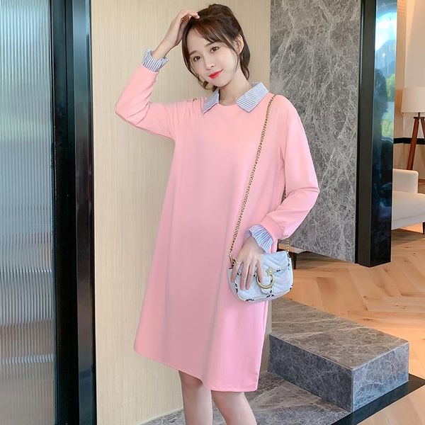 

2020 spring pregnant women dress stripe patchwork long sleeve a-line cotton dress turn-down collar maternity elegant work, White