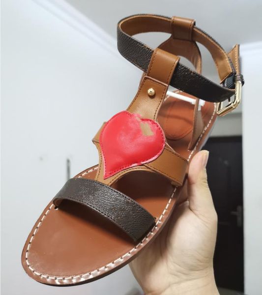

women leather flat sandals red heart fashion designer lady canvas strap letter printed rubber sole sandal, Black