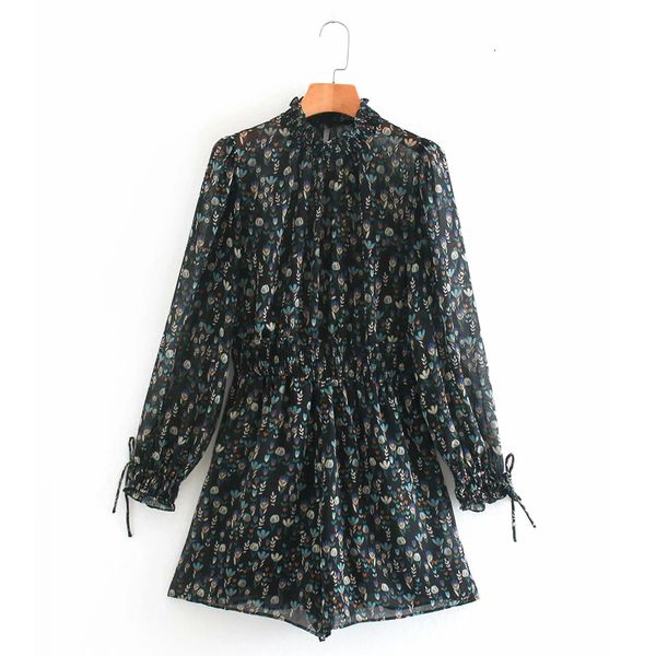 

2021 new vintage printed chiffon short jumpsuit women fashion ruched high neck long sleeve elastic waist casual ladies jumpsuits w534, Black;white