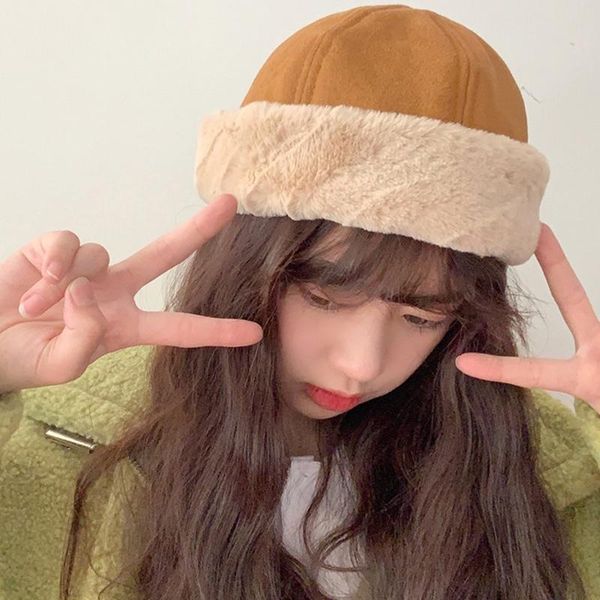 

women winter warm suede velvet beanie hat solid color thicken plush cuffed brimless hip hop landlord docker skull cap, Blue;gray