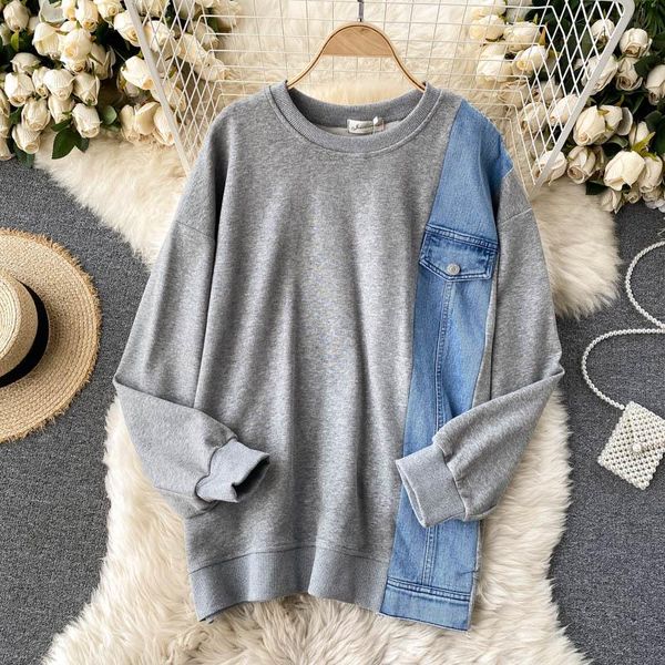 

denim stitching long sleeve sweatshirt women fashion o neck long sleeve oversized sweatshirt female loose pullover, Black