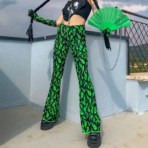 

women's pants & capris black neon green long fashion elastic waist flare 2021 autumn streetwear flame print flared trousers for women, Black;white