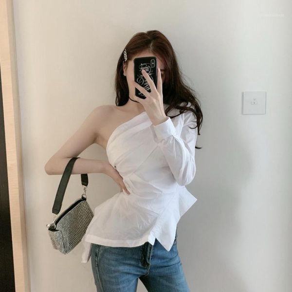 

asymmetric club skew collar off shoulder ladies slim autumn style women's clothing shirts fashion brand blouses new1, White