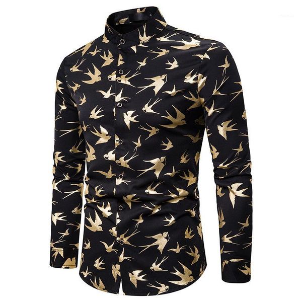 

gold bird bronzing print shirt men 2020 brand long sleeve mandarin collar mens dress shirts business casual chemise homme1, White;black