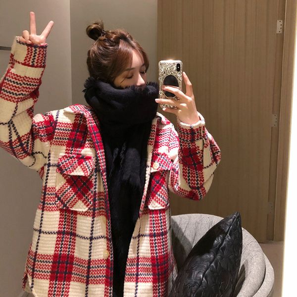 

casual loose womens red fashion plaid shirt ladies button long sleeves check out outerwear shackets uszm, Black