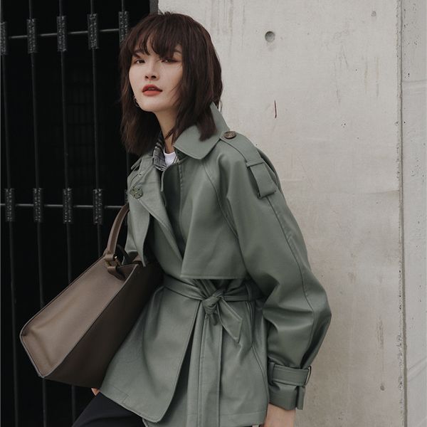 

lanmrem 2021 new autumn and winter fashion solid color lapel loose casual simple lace lapel short pu leather women pa793 t191114, Black;brown