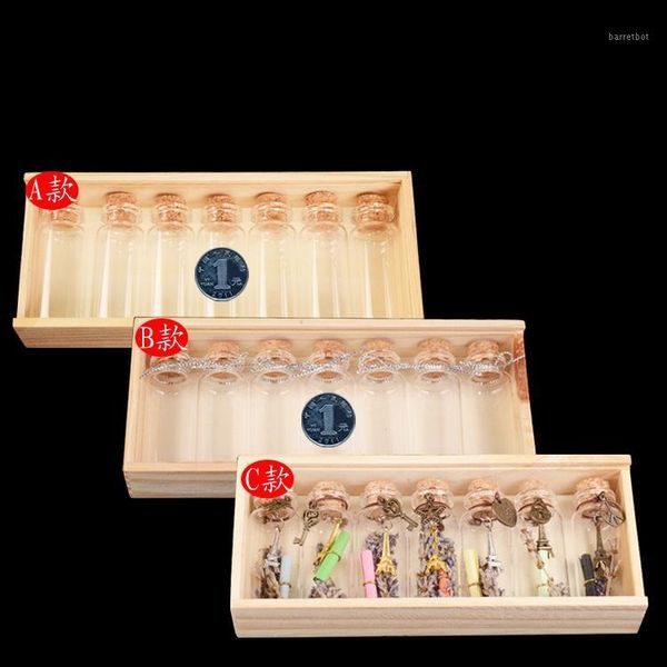 

6 set(7pcs)diy wishing bottles with wooden box,glass bottle with cork,empty bowknot bottle & lavender eiffel tower vial in1