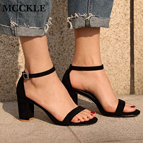 

mcckle chunky women ankle strap gladiator sandals women's summer fashion female sandilas cover heel flock party shoes y200323, Black