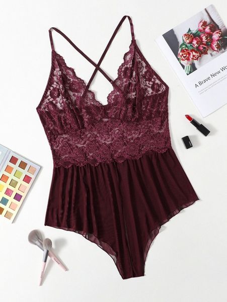 

plus contrast lace mesh crotchless romper bodysuit j0wn#, Black;white