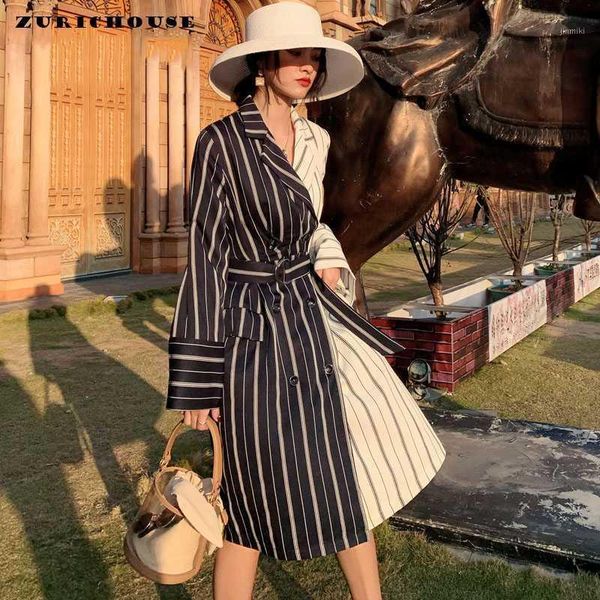 

zurichouse 2020 spring coat woman long fashion contrast color striped trench retro double-breasted sashes windbreaker1, Tan;black