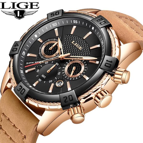 

wristwatches montre homme 2021 luxe de marque lige sport watch leather antie waterproof quartz relogio masculino+box, Slivery;brown