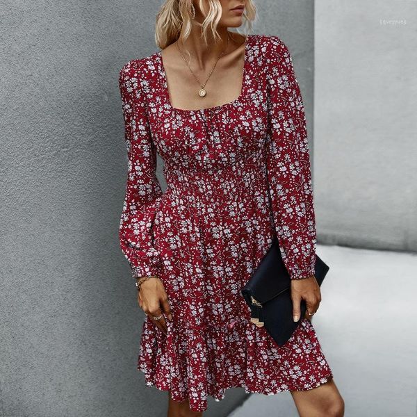 

casual dresses fashion dress women little printing knee sleeve square neck femme1, Black;gray