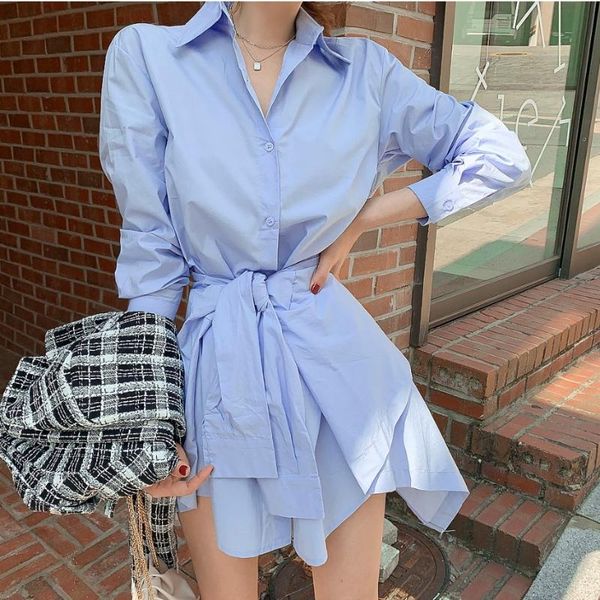 

jsxdhk 2021 new designer spring autumn shirt dress fashion women long sleeve irregular blue lace up bow office ladies mini dress, Black;gray