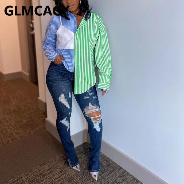 

women long sleeve vertical striped blouse shirts chic irregular shirt, White