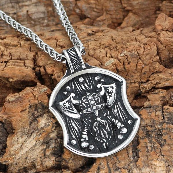 

pendant necklaces nordic viking stainless steel odin shield axe worrior necklace with valknut gift bag, Silver
