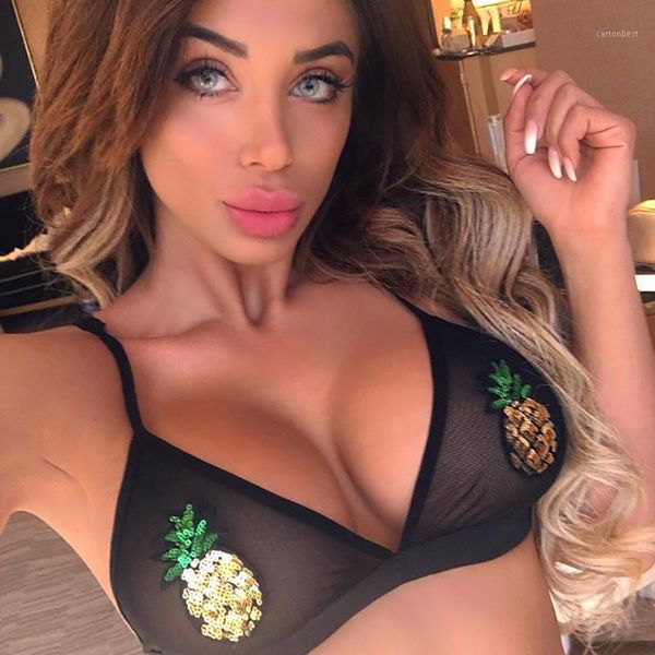 

women's tanks & camis heyouthoney fashion european summer v-neck mesh transparent pineapple sequin bralette camisole bralet bustier cro, White