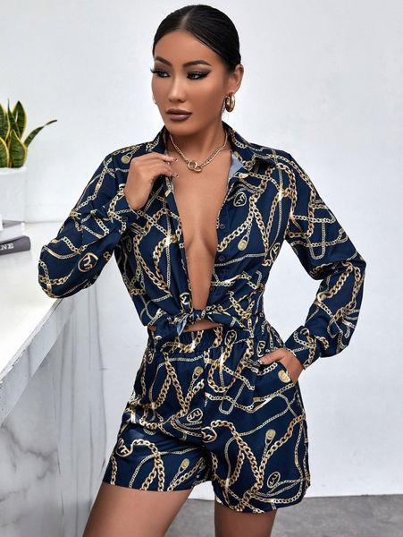 

sxy chain print blouson sleeve blouse & slant pockets shorts 837c#, White