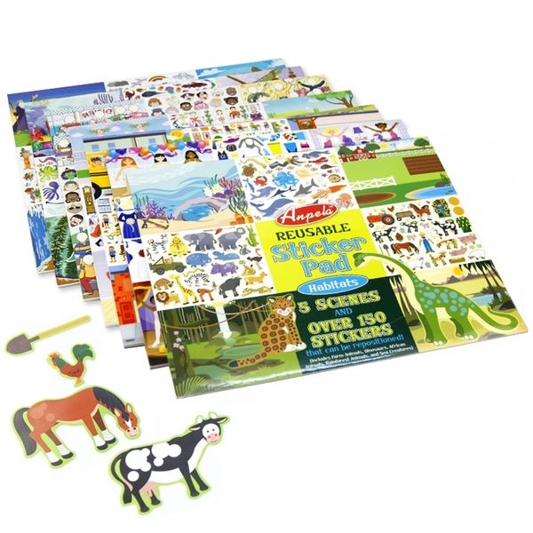 Il pad adesivo riutilizzabile per bambini include 5 scene Animali Veicoli Princess Castle Dress-up 35 * Adesivi Libro regalo LJ201019