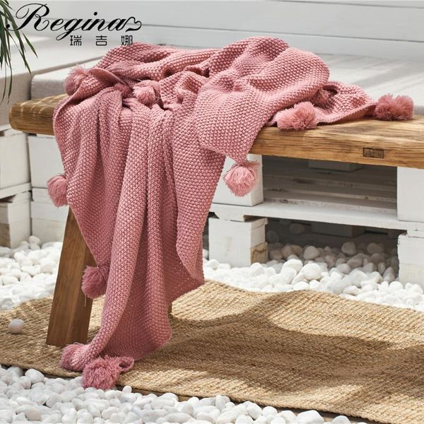 

blankets regina delicate osmanthus needle throw blanket wine pink pompoms knitted homestay bed flag women shawl office cute