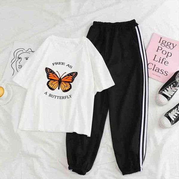 

pants suit two piece outfits for women summer butterfly letters short sleeve women joggers pants trousers oversized t shirts, White