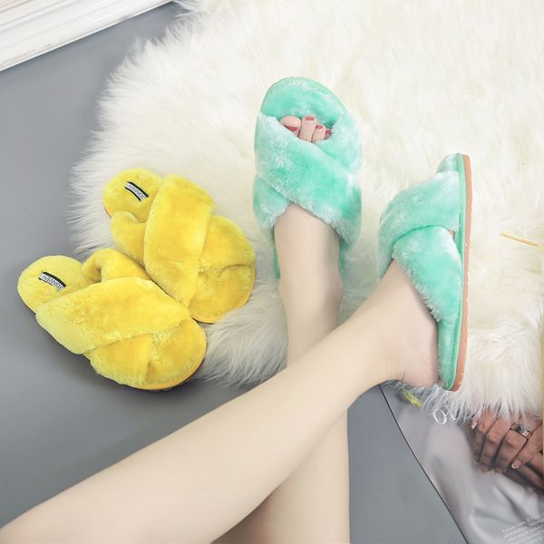 

winter new women slippers keep warm faux fur home shoes cross vamp furry slippers warm flats female slides cozy woman shoes, Black