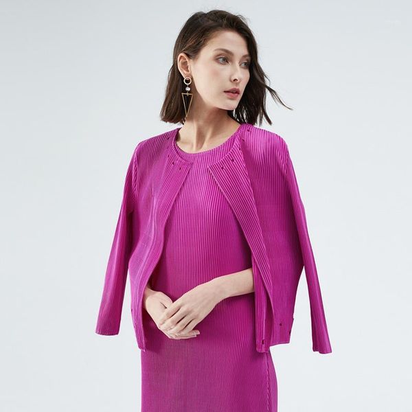 

jacket for women 45-75kg autumn 2020 miyake pleated solid color elastic slim long sleeved short cardigans female1, Black;brown