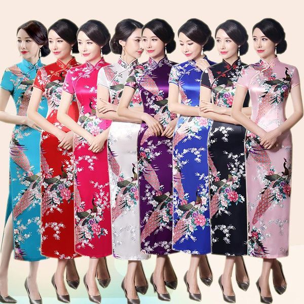 

women evening dress mandarin collar satin formal qipao print floral party gowns oversize 6xl female long sleeve cheongsam1, Red