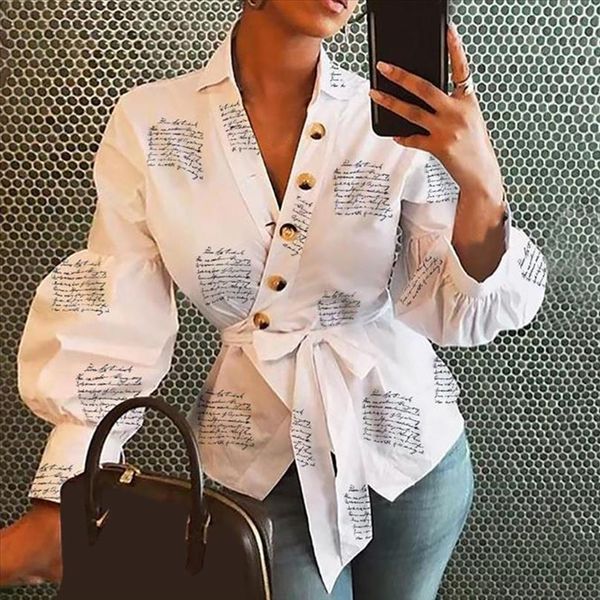 

2019 female clothing women blouse shirt lantern sleeve print womens office shirts feminine blouses button ladies, White