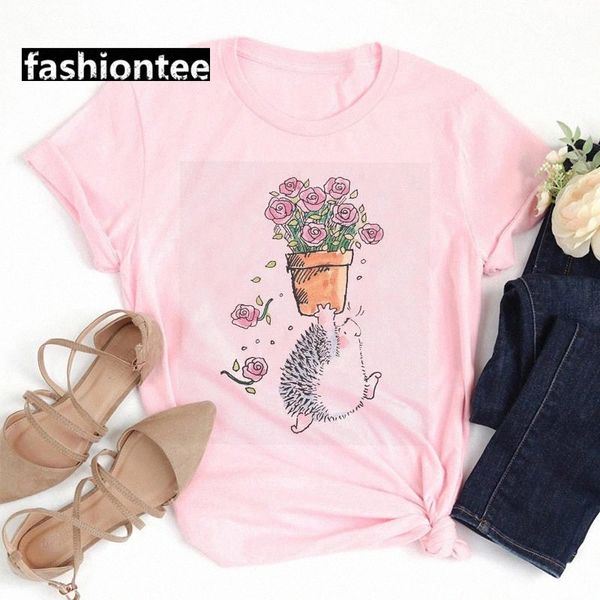 

ZOGANKIN New T-shirt Female Cartoon Hedgehog with Flower Print Pink Tshirt Women Summer Loose Tee shirt Round Neck T-shirts #n31P, White