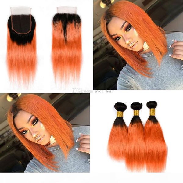 

ombre color 1b orange human hair 3bundles with lace closure silky straight brazilian 1b 350 virgin human hair extension with closure, Black;brown