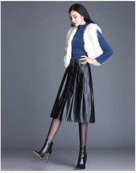 

new faux leather a line skirt women 2021 button retro high waist leather skirt elegant ladies work tutu skirts plus size jupe, Black