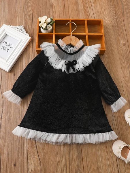 

baby contrast mesh ruffle trim flounce sleeve bow front dress she, Red;yellow