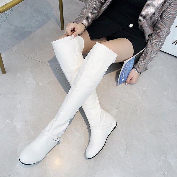 

plus size 35-52 nice new knee high boots women autumn casual white vogue shoes woman flat heels use buckle rain boot1, Black